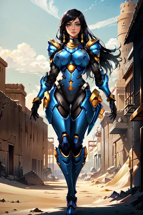 (masterpiece, best quality, ultra detailed, absurdres)1.5, 1girl, (sexy, beautiful woman, perfect face, perfect eyes, perfect female body, huge breasts)1.5, (overwatchpharah, pharah \(overwatch\), long hair, black hair, swept bangs, dark-skinned female, dark skin, armor, bodysuit, boots, tattoo, facial mark, hair tubes, shoulder armor, power armor, pauldrons, thrusters, eye of horus, <lora:OverwatchPharah:0.8>), (standing, outdoors, science fiction, Egyptian desert), perfect lighting, smooth, hdr