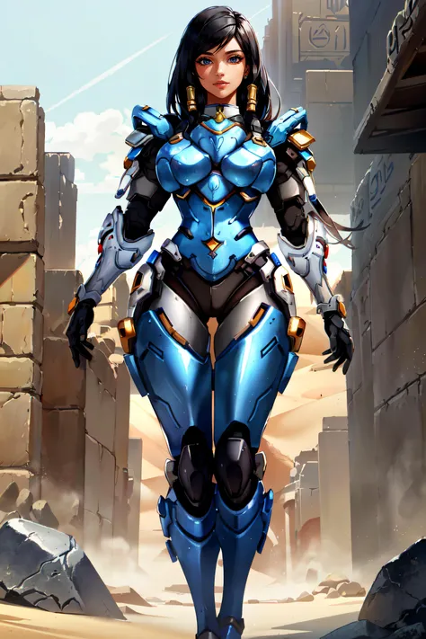 (masterpiece, best quality, ultra detailed, absurdres)1.5, 1girl, (sexy, beautiful woman, perfect face, perfect eyes, perfect female body, huge breasts)1.5, (overwatchpharah, pharah \(overwatch\), long hair, black hair, swept bangs, dark-skinned female, dark skin, armor, bodysuit, boots, tattoo, facial mark, hair tubes, shoulder armor, power armor, pauldrons, thrusters, eye of horus, <lora:OverwatchPharah:0.8>), (standing, outdoors, science fiction, Egyptian desert), perfect lighting, smooth, hdr