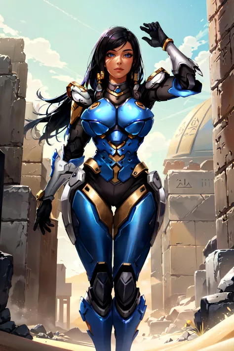 (masterpiece, best quality, ultra detailed, absurdres)1.5, 1girl, (sexy, beautiful woman, perfect face, perfect eyes, perfect female body, huge breasts)1.5, (overwatchpharah, pharah \(overwatch\), long hair, black hair, swept bangs, dark-skinned female, dark skin, armor, bodysuit, boots, tattoo, facial mark, hair tubes, shoulder armor, power armor, pauldrons, thrusters, eye of horus, <lora:OverwatchPharah:0.8>), (standing, outdoors, science fiction, Egyptian desert), perfect lighting, smooth, hdr