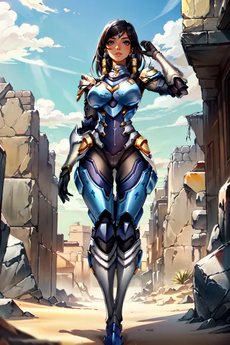 (masterpiece, best quality, ultra detailed, absurdres)1.5, 1girl, (sexy, beautiful woman, perfect face, perfect eyes, perfect female body, huge breasts)1.5, (overwatchpharah, pharah \(overwatch\), long hair, black hair, swept bangs, dark-skinned female, dark skin, armor, bodysuit, boots, tattoo, facial mark, hair tubes, shoulder armor, power armor, pauldrons, thrusters, eye of horus, <lora:OverwatchPharah:0.8>), (standing, outdoors, science fiction, Egyptian desert), perfect lighting, smooth, hdr