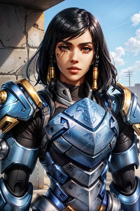 portrait, waist up, pharah, full power armor, sky background, authorative pose, death stare, sunlight, <lora:pharahOverwatchLORA_v1:0.7>, best quality, high-definition, CG