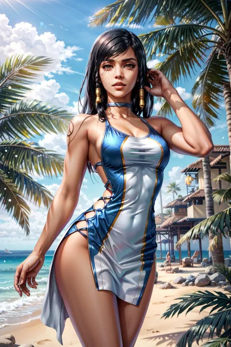ropa azul,solo, low lighting, obra maestra de chunli, mejor calidad, agrias,sexy lingerie, de pie, mirando al espectador, pelo negro,enojado,sonrisa,Atardecer,lago, Reflejo en el agua, por do sol