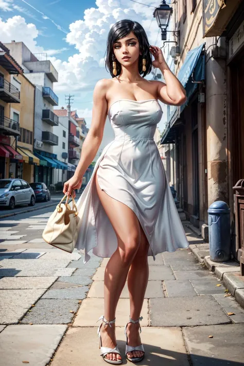 beautiful tanned and athletic brunette Italian woman  walking in Rome, she dress a white clothes as Marylin Monroe, perfect soft abs, she spreads her legs, big tits, total body shot, realistic, analogic photo, Canon (big tits), Rome background