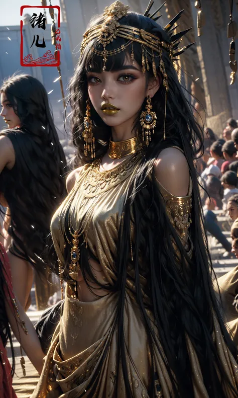 ((masterpiece,)),(( best quality,)),extremely detailed cg 8k wallpaper,bright colors,Dramatic light,photoreal full body  fantasy art game art(wide-angle lens,Panoramic:1.2),watery eyes, beauitful face,
1girl, dynamic angle, casting pose,(freckles:0.8), midriff, navel, dusk lighting, (cold attitude,eyeshadow,eyeliner:1.7), gold lips(gold eyes),  (dark skinblack skin, shiny skin:1.5),
watermakeupsolo focusbare shoulderspalm treebuildingshawlgold choker, royal, <lora:~Q?-WSg
pegyptian:1>