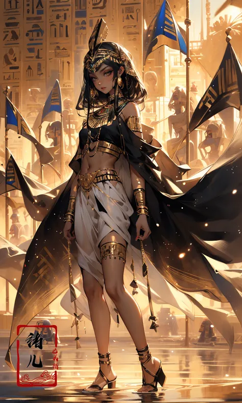 ((masterpiece,)),(( best quality,)),extremely detailed cg 8k wallpaper,bright colors,Dramatic light,photoreal full body  fantasy art game art(wide-angle lens,Panoramic:1.2),watery eyes, beauitful face,
1girl, dynamic angle, casting pose,(freckles:0.8), midriff, navel, dusk lighting, (cold attitude,eyeshadow,eyeliner:1.6), red lips(gold eyes), (Egyptian makeup,Egyptian makeup:1.4), (dark skinblack skin, shiny skin:1.5),
flagmakeupsolo focusbare shoulderspalm treebuildingshawlgold choker, royal, <lora:~Q?-WSg
pegyptian:0.8>