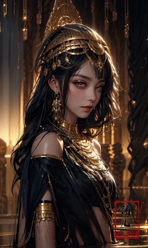 ((masterpiece,)),(( best quality,)),extremely detailed cg 8k wallpaper,bright colors,Dramatic light,photoreal full body  fantasy art game art(wide-angle lens,Panoramic:1.2),watery eyes, beauitful face,
1girl, dynamic angle, casting pose,(freckles:0.8), midriff, navel, dusk lighting, (cold attitude,eyeshadow,eyeliner:1.6), gold lips(gold eyes),  (dark skinblack skin, shiny skin:1.5),
watermakeupsolo focusbare shoulderspalm treebuildingshawlgold choker, royal, <lora:~Q?-WSg
pegyptian:1>