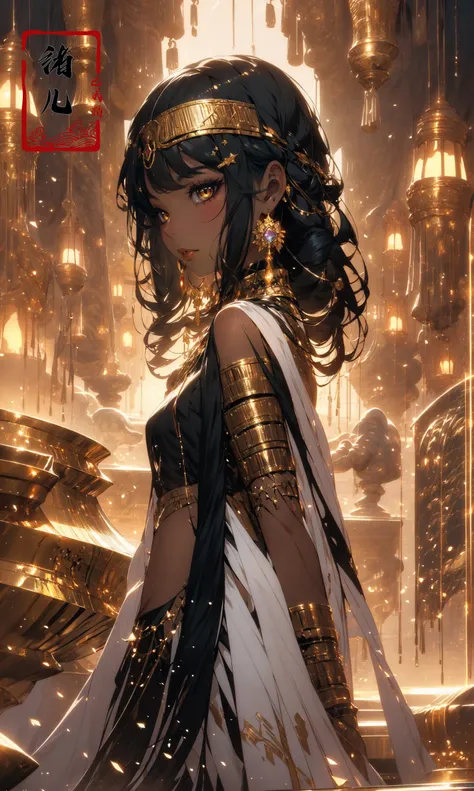 ((masterpiece,)),(( best quality,)),extremely detailed cg 8k wallpaper,bright colors,Dramatic light,photoreal full body  fantasy art game art(wide-angle lens,Panoramic:1.2),watery eyes, beauitful face,
1girl, dynamic angle, casting pose,(freckles:0.8), midriff, navel, dusk lighting, (cold attitude,eyeshadow,eyeliner:1.6), gold lips(gold eyes),  (dark skinblack skin, shiny skin:1.5),
watermakeupsolo focusbare shoulderspalm treebuildingshawlgold choker, royal, <lora:~Q?-WSg
pegyptian:1>