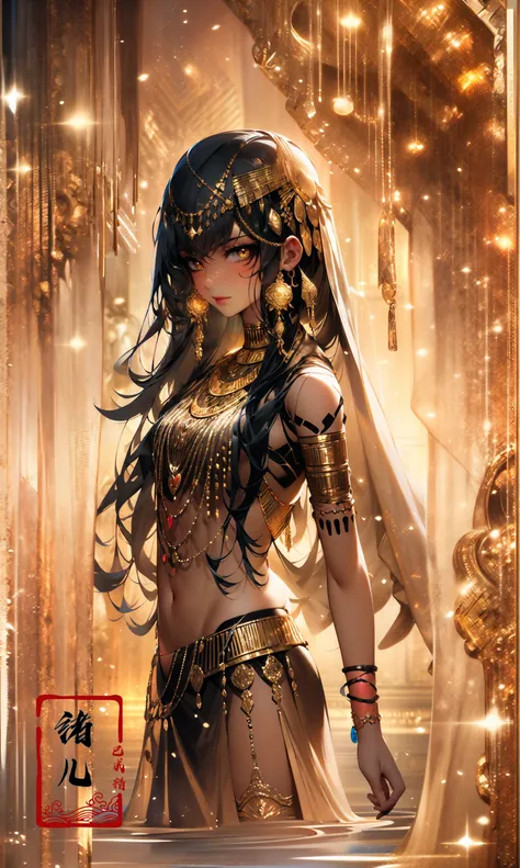 ((masterpiece,)),(( best quality,)),extremely detailed cg 8k wallpaper,bright colors,Dramatic light,photoreal full body  fantasy art game art(wide-angle lens,Panoramic:1.2),watery eyes, beauitful face,
1girl, dynamic angle, casting pose,(freckles:0.8), midriff, navel, dusk lighting, (cold attitude,eyeshadow,eyeliner:1.6), gold lips(gold eyes),  (dark skinblack skin, shiny skin:1.5),
watermakeupsolo focusbare shoulderspalm treebuildingshawlgold choker, royal, <lora:~Q?-WSg
pegyptian:1>