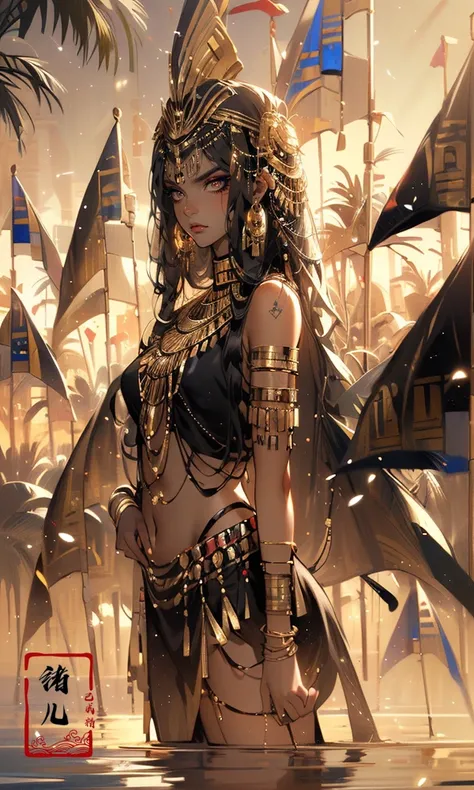 ((masterpiece,)),(( best quality,)),extremely detailed cg 8k wallpaper,bright colors,Dramatic light,photoreal full body  fantasy art game art(wide-angle lens,Panoramic:1.2),watery eyes, beauitful face,
1girl, dynamic angle, casting pose,(freckles:0.8), midriff, navel, dusk lighting, (cold attitude,eyeshadow,eyeliner:1.6), red lips(gold eyes), (Egyptian makeup,Egyptian makeup:1.4), (dark skinblack skin, shiny skin:1.5),
flagmakeupsolo focusbare shoulderspalm treebuildingshawlgold choker, royal, <lora:egyptian_20230828163434-000020:0.8>