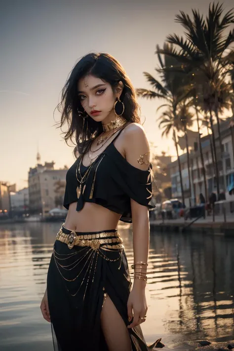 ((masterpiece)), (( best quality)), extremely detailed cg 8k wallpaper, bright colors, Dramatic light, photoreal full body fantasy art game art, (wide-angle lens, Panoramic:1.2), watery eyes, beautiful face, 1girl, dynamic angle, casting pose, (freckles:0.8), midriff, navel, dusk lighting, (cold attitude, eyeshadow, eyeliner:1.6), gold lips, (gold eyes), (dark skin, black skin, shiny skin:1.5), water, makeup, solo focus, bare shoulders, palm tree, building, shawl, gold choker, royal, <lora:egyptian_20230828163434:0.6>