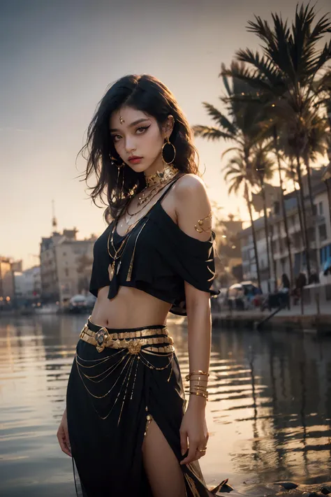 ((masterpiece)), (( best quality)), extremely detailed cg 8k wallpaper, bright colors, Dramatic light, photoreal full body fantasy art game art, (wide-angle lens, Panoramic:1.2), watery eyes, beautiful face, 1girl, dynamic angle, casting pose, (freckles:0.8), midriff, navel, dusk lighting, (cold attitude, eyeshadow, eyeliner:1.6), gold lips, (gold eyes), (dark skin, black skin, shiny skin:1.5), water, makeup, solo focus, bare shoulders, palm tree, building, shawl, gold choker, royal, <lora:egyptian_20230828163434:0.6>