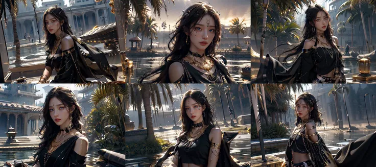 (otherworldly, otherworldly atmosphere, otherworldly appearance), highly insanely detailed, masterpiece, top quality, best quality, highres, 4k, 8k, RAW photo, (( best quality)), extremely detailed cg 8k wallpaper, bright colors, Dramatic light, photoreal full body fantasy art game art, (wide-angle lens, Panoramic:1.2), watery eyes, beautiful face, 1girl, dynamic angle, casting pose, (freckles:0.8), midriff, navel, dusk lighting, (cold attitude, eyeshadow, eyeliner:1.6), gold lips, (gold eyes), (dark skin, black skin, shiny skin:1.5), water, makeup, solo focus, bare shoulders, palm tree, building, shawl, gold choker, royal, <lora:egyptian_20230828163434:0.6>, (fantasy world)