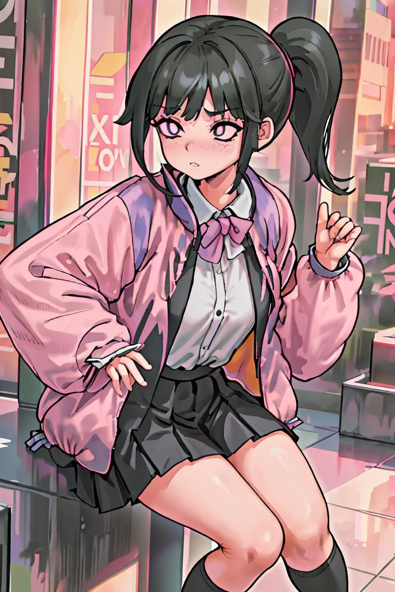 (masterpiece, best quality), 1girl, <lora:yoru mac girlfriend-lora-nochekaiser:ru mac girlfriend, bangs, black hair, ponytail, sidelocks, (black eyes:1.2), (bright pupils:1.5), jacket, (pink jacket:1.5), skirt, shirt, bow, school uniform, white shirt, pleated skirt, bowtie, black skirt, black footwear, kneehighs,