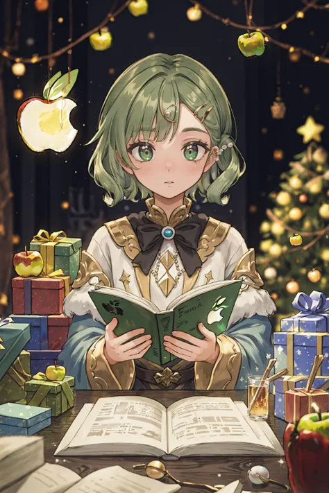 (depth of field:1.4),(full_shot:1.4),(blur:1.3),(dark:1.4),(very detailed:1.4),(high resolution:1.1), (Cozy reading nook with tales of holiday magic and wonder.:1.3) BREAK
1girl,(Apple green Side-Swept Curls with Pearl Hairpin:1.3) BREAK