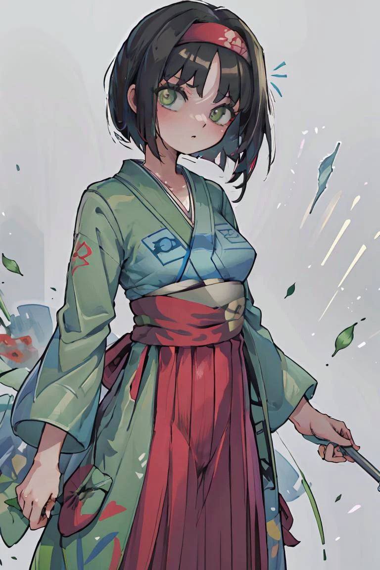 (masterpiece, best quality), 1girl, <lora:Erika_Pokemon_Anime_Dim32:1> Erika_Pokemon, green eyes, short black hair, kimono, hakama, red hairband,