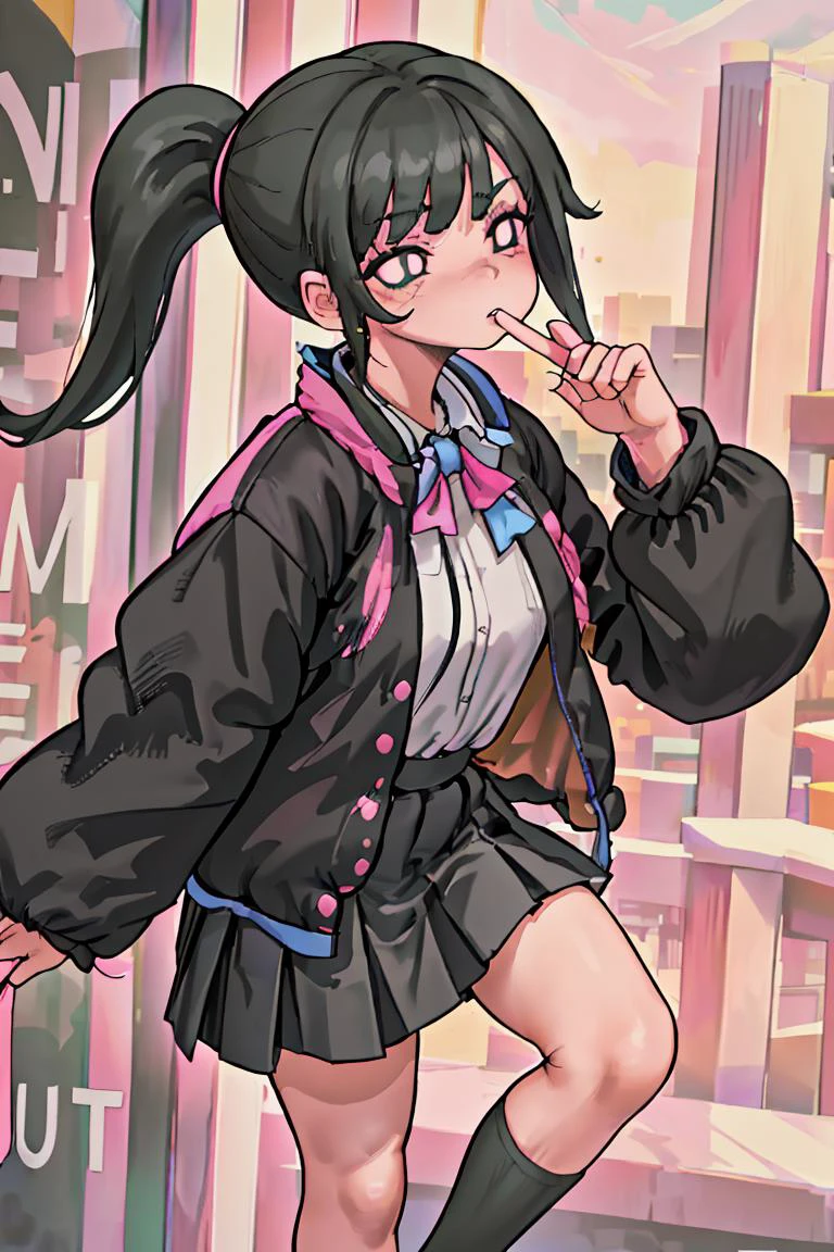 (masterpiece, best quality), 1girl, <lora:yoru mac girlfriend-lora-nochekaiser:ru mac girlfriend, bangs, black hair, ponytail, sidelocks, (black eyes:1.2), (bright pupils:1.5), jacket, (pink jacket:1.5), skirt, shirt, bow, school uniform, white shirt, pleated skirt, bowtie, black skirt, black footwear, kneehighs,