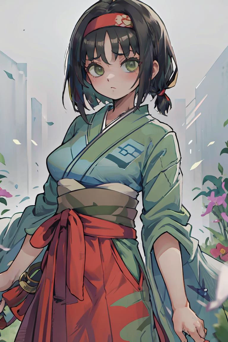 (masterpiece, best quality), 1girl, <lora:Erika_Pokemon_Anime_Dim32:1> Erika_Pokemon, green eyes, short black hair, kimono, hakama, red hairband,