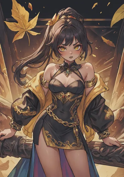 (Petite), (Metalwork/Baroque Leaf Scroll), 1girl, solo, earrings, jewelry, long hair, ponytail, looking at viewer, black lips, (Dress/long skirt), yellow eyes, black makeup, jacket, black hair, shiny, bangs, hair ornament, armlet, amber,