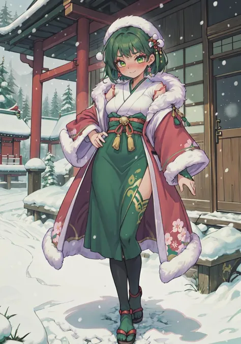 Winter "Feudal-Japan" bashful shy solo upper-body floral-scroll adult-woman manteau long-sleeves black-dress long-skirt green-trim green-lining leggings fur-lining fur-trim black-hair emerald smile green-eyes makeup blush earrings snow full body