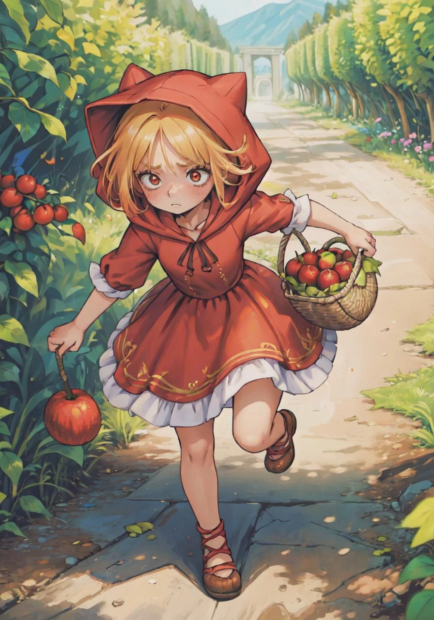 1girl, (), running down a path, ((holding fruit basket)), small village, adorable red dress, bright blond hair, (((slightly worried expression))), hood