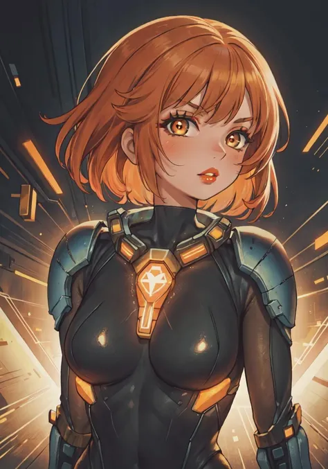 "Dead Space",1girl, solo, brown hair, looking away from viewer, short orange hair, brown eyes, black bodysuit, breasts, lips, upper body, medium breasts, black bodysuit, Diamond \(symbol\), science fiction, bangs, orange makeup, orange lipstick, dynamic pose, arms behind back