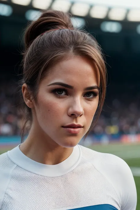 photo of (m4ndrejzcyk:0.99), a beautiful woman, closeup portrait, perfect hair upsweep updo, (modern photo, white sport compression shirt), 24mm, (analog, cinematic, film grain:1.3), (stadium, athletics event:1.2), detailed eyes, (seductive pose), (epicPhoto), (((looking at viewer:1.1)))