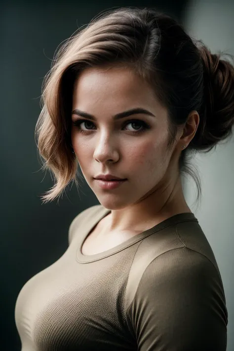photo of (m4ndrejzcyk:0.99), a beautiful woman, closeup portrait, perfect hair upsweep updo, (modern photo, Olive Brown compression shirt), 24mm, (analog, cinematic, film grain:1.3), (plain Neutral Gray background, gradient:1.2), detailed eyes, (seductive pose), (epicPhoto), (looking at viewer)