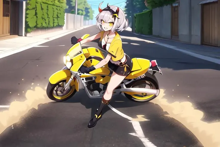 masterpiece, best quality, 1girl, (smoke:1.0), riding motor vehicle, looking at viewer, grin,
BREAK multicolored hime cut BREAK yellow eyes
<lora:abs-3:0.7>