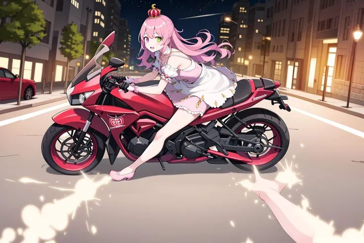 masterpiece, best quality, 1girl, hires, 8k, wide shot, cityscape,
extremely detailed face, detailed eyes, pink long hair, pink dress, heterochromia, mini crown on the head,
<lora:akiraBikeSlideMeme_v10:0.4>, night, slide, sparkle, riding extremely detailed big red motor vehicle, shiny big red motorcycle, blurry, blurry background, drifting, (motion lines:1.2, debris:1.2, electricity:1.2, road), <lora:himemori luna:0.7>