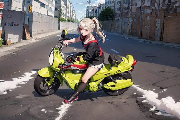 masterpiece, best quality, 1girl, (smoke:1.2), riding bike, yellow_hair,ponytail, <lora:akiraBikeSlideMeme_v10:0.8>,(angry:0.7),wind effects