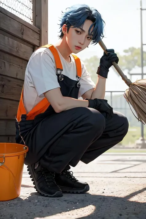 1man, male, man, hui, solo, looking at viewer, short hair, blue hair, bangs, hair in face, gloves, holding broom, full body, white shirt, short sleeves, male focus, shoes, black sneakers, squatting, broom, realistic, bucket, ((black long pants overalls)), ((orange reflective vest)), pink gloves, Extreme Details, Photo realistic, hyper detail, hyper realistic, Long shot, hyper realistic <lora:HuiLeeHoetaek-01:0.9>