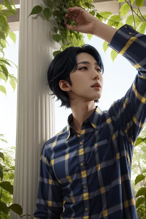 1man, male, man, hui, solo, short hair, black hair, brown eyes, long sleeves, ((blue, yellow, and white checkered shirt)), collared shirt, male focus, day, arm up, profile, leaf, sunlight, looking up, plant, vines, pillar, overgrown, Extreme Details, Photo realistic, hyper detail, hyper realistic, long shot, hyper realistic, Korean, <lora:HuiLeeHoetaek-01:0.9>