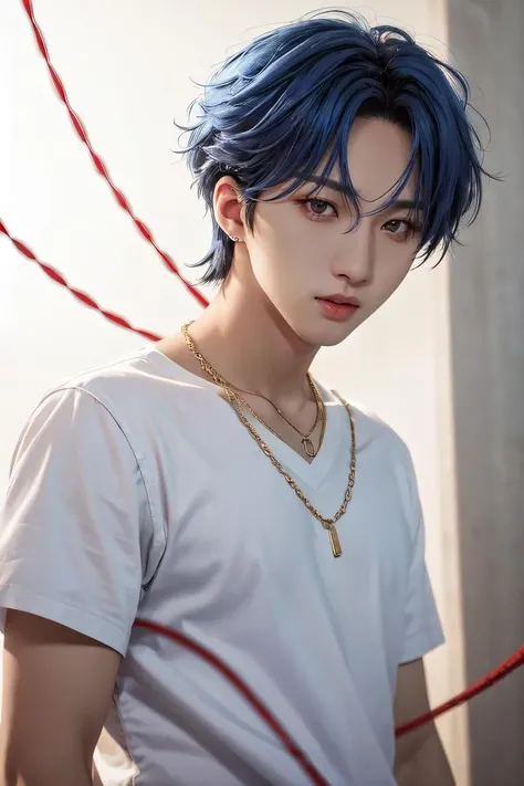 1man, male, man, hui, solo, looking at viewer, short hair, brown eyes, blue hair, parted lips, realistic, red string, string of fate, fishnet shirt, white shirt, gold chain necklace, Extreme Details, Photo realistic, hyper detail, hyper realistic, Long shot, hyper realistic, deep shadow, dim lighting, <lora:HuiLeeHoetaek-01:1>