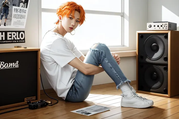 1man, male, man, hui, solo, brown glove, bench, male focus, shoes, orange hair, brown eyes, torn clothes, denim, white t-shirt, instrument, realistic, electric guitar, poster (object), tiny hoop earrings, chain necklace, white socks, torn pants, torn jeans, amplifier, sitting, facing forward, Extreme Details, Photo realistic, hyper detail, hyper realistic, long shot, hyper realistic, Korean, <lora:HuiLeeHoetaek-01:0.9>, volumetric lighting,