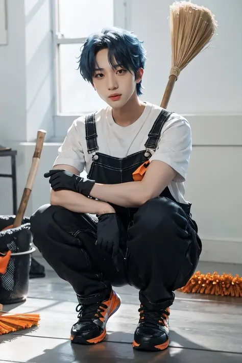 1man, male, man, hui, solo, looking at viewer, short hair, blue hair, bangs, hair in face, gloves, holding broom, full body, white shirt, short sleeves, male focus, shoes, black sneakers, squatting, broom, realistic, bucket, ((black long pants overalls)), ((orange reflective vest)), pink gloves, Extreme Details, Photo realistic, hyper detail, hyper realistic, Long shot, hyper realistic <lora:HuiLeeHoetaek-01:0.9>