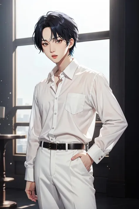 1man, male, man, hui, solo, short hair, black hair, long sleeves, standing, white shirt, male focus, cowboy shot, sleeves past wrists, dress shirt, pocket, white pants, arms at sides, partially unbuttoned, Extreme Details, Photo realistic, hyper detail, hyper realistic, Long shot, hyper realistic,<lora:HuiLeeHoetaek-01:1>