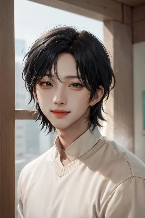 ((1man)), male, male focus, hui, solo, solo, looking at viewer, smile, short hair, black hair, closed mouth, upper body, realistic, beige sweater, <lora:HuiLeeHoetaek:0.9>, Extreme Details, Photo realistic, hyper detail, hyper realistic, Portrait, Long shot, portrait photo, hyper realistic,