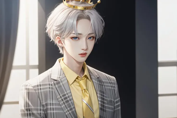 1man, male, man, hui, solo, looking at viewer, yellow collared shirt, grey plaid jacket, upper body, white hair, male focus, ((crown)), short hair, blue eyes, realistic, yellow necktie, Extreme Details, Photo realistic, hyper detail, hyper realistic, Long shot, hyper realistic, Korean, <lora:HuiLeeHoetaek-01:0.9>