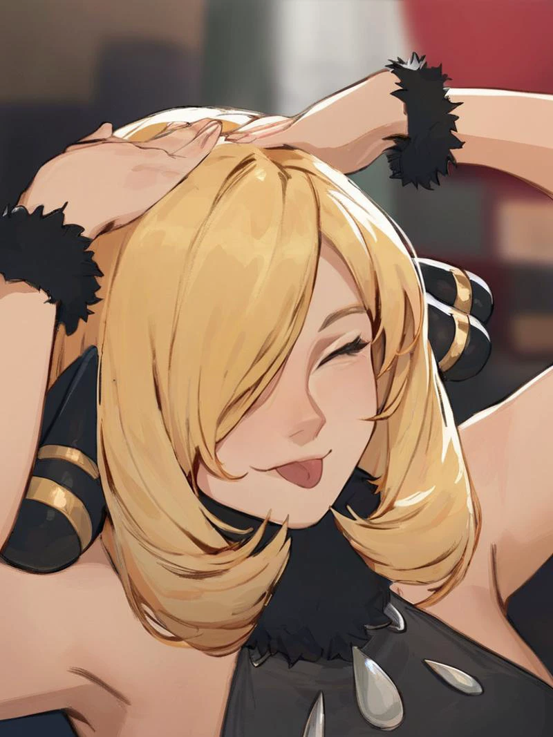 score_9, score_8_up, score_7_up,
closed eyes, tongue out, hands on own head, smile, upper body, 1girl, Cynthia
<lora:eto:0.7>
