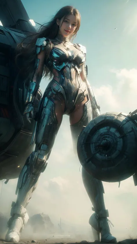 (Realistic),masterpiece,best quality,highest detail,depth of field,aesthetic,Wide shot,
1girl,photo of a cute girl,full body,light smile,charming,20yo,looking at viewer,Bouffant Hair.shiny hair,Bronze hair,white and green tones,Laughing,edgMecha,wearing edgMecha,mecha suit,robot suit,((giant woman)),lucency full dress,
<lora:GoodHands-vanilla:1>,<lora:add_detail:1>,<lora:Better light:1>,<lora:edgMechaSuit:0.8>,<lora:universe:0.8>,space,moon,planet,
