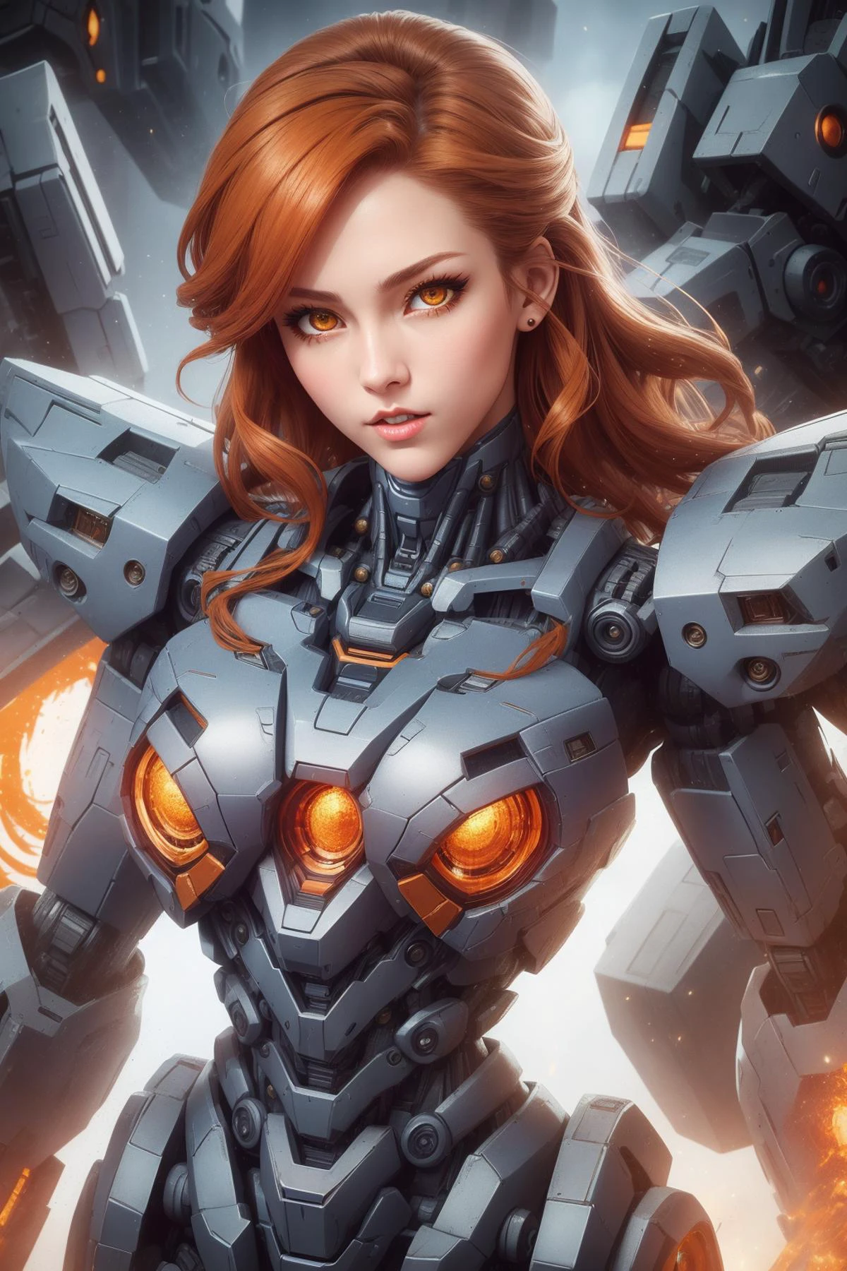 a photo of aspindly [goddess|vixen], edgMecha, a woman wearing edgMecha, mecha suit, robot suit, ((giant woman)), <lora:edgMechaSuit:1>,luscious, perfect face, pretty face, amber eyes, orange hair, medium hair, medium breasts, lush detail, absurdres,