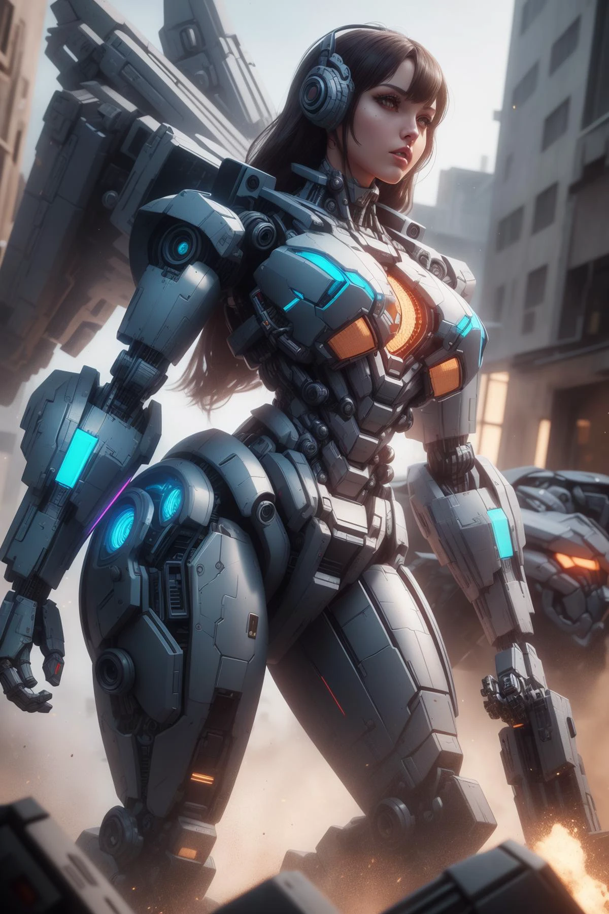 digital photography, trending on artstation, octane render, a woman, edgMecha, a woman wearing edgMecha, mecha suit, robot suit, ((giant woman)), <lora:edgMechaSuit:1>,