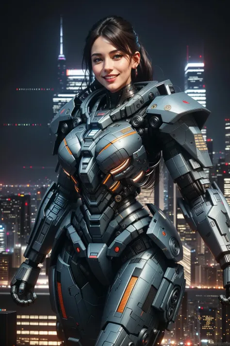 ((Masterpiece, best quality,edgQuality)),smiling,excited,
edgMecha, a ((giant woman)) in robot suit standing in front of a city at night ,woman wearing edgMecha, mecha suit <lora:edgMechaSuit:1>