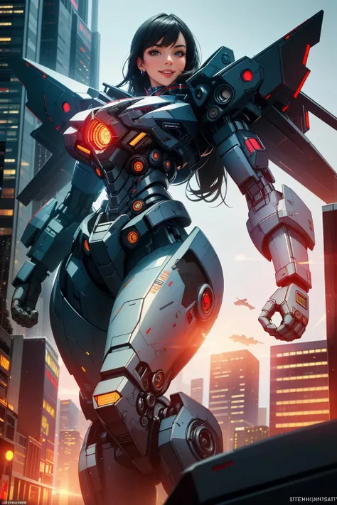 ((Masterpiece, best quality,edgQuality)),smiling,excited,giantess,
edgMecha, a giant woman in robot suit standing in front of a city at night ,woman wearing edgMecha, mecha suit <lora:edgMechaSuit:1>