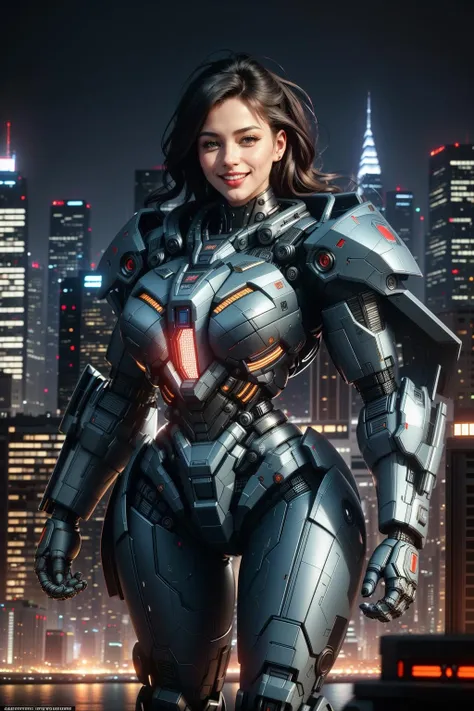 ((Masterpiece, best quality,edgQuality)),smiling,excited,
edgMecha, a ((giant woman)) in robot suit standing in front of a city at night ,woman wearing edgMecha, mecha suit <lora:edgMechaSuit:1>