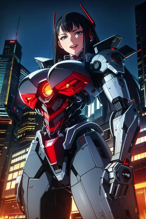 ((Masterpiece, best quality,edgQuality)),smiling,excited,
edgMecha, a ((giant woman)) in robot suit standing in front of a city at night ,woman wearing edgMecha, mecha suit <lora:edgMechaSuit:1>