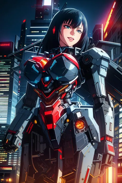 ((Masterpiece, best quality,edgQuality)),smiling,excited,
edgMecha, a ((giant woman)) in robot suit standing in front of a city at night ,woman wearing edgMecha, mecha suit <lora:edgMechaSuit:1>