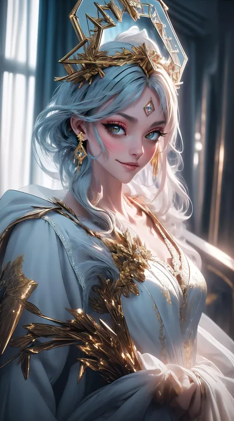 full display of baroque style jewelry design, a pair of earrings, blue gemstones, diamonds, highly detailed vray render, flash, high quality, 18k, 
<lora:HaloCrown:1>, halocro, light smile, 
([nightgown:1.4), (see-through:1.3), transparent, white:, <lora:edgMechaSuit:1>, :0.5], edgMecha, wearing edgMecha, mecha suit, robot suit, ((giant woman)), ((Masterpiece, best quality,photography, detailed skin, realistic, photo-realistic, 8k, highly detailed, full length frame, High detail RAW color art, diffused soft lighting, shallow depth of field, sharp focus, hyperrealism, cinematic lighting)), cowboy shot, 1girl, solo, 1girl wearing a (ballgown:1.4), pointy ears, concept art, trending on artstation, pixiv, <lora:add_detail:0.5>, light smile, golden embroidery, white, Ultra-detail, (highres:1.1), best quality, (hexagon:1.3), (pentagon:1.3), (mechanical parts:1.2),