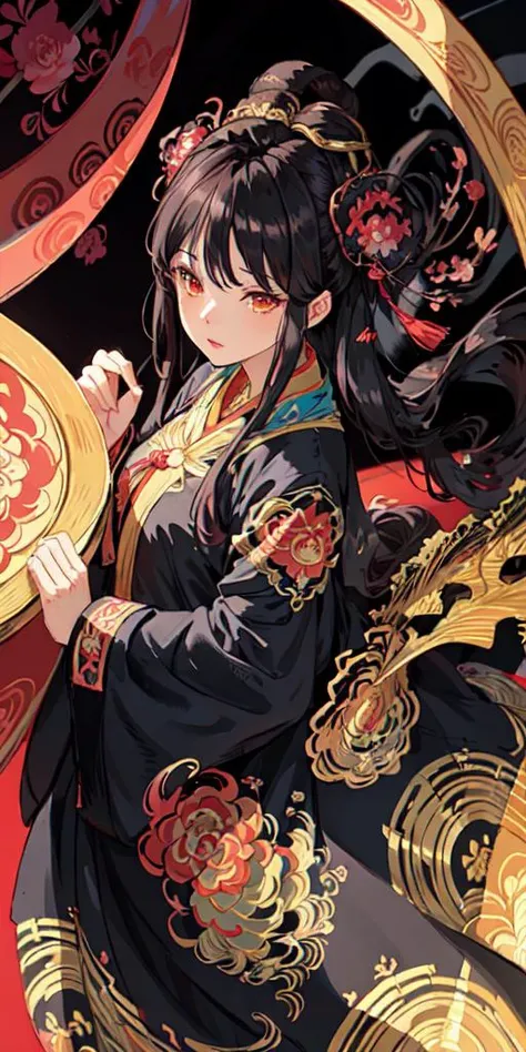 ,1 girl, black hair,  hanfu,  china hanfu, chinese hanfu,ming style,(masterpiece, top quality, best quality, official art, beautiful and aesthetic:1.2), extremely detailed,(fractal art:1.2),colorful,highest detailed,(zentangle:1.2), (dynamic pose), (abstract background:1.5), (many colors:1.4),
 (MF-SD15-V1:0.8),  <lora:hanfu40-beta-3:0.5>,  peonies blossom, Phoenix,