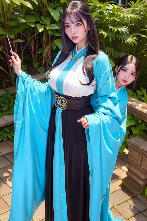 masterpiece, best quality, 1girl, aqua eyes, black hair, closed mouth, multicolored background, outdoors, solo, half body,huge breast,alluring, clean, beautiful face, pure face, pale skin, sexy pose, long hair, ((perfect female figure)), mature female, milf, narrow waist, chinese deity, hanfu